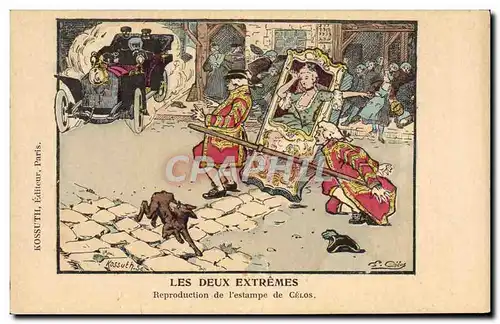 Cartes postales Automobile Les deux extremes Estampe de Celos Illustrateur Kossuth