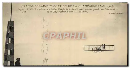 Cartes postales Aviation Avion Grande semaine d&#39aviation de la Champagne Eugene Lefebvre pilotant un biplan W