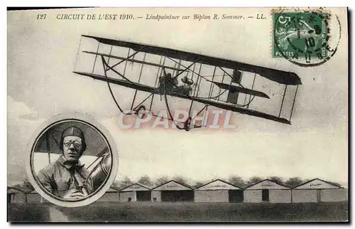 Cartes postales Avion Aviation Circuit de l&#39Est 1910 Lindpaintner sur biplan R Sommer