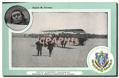 Cartes postales Avion Aviation Biplan Farman Circuit europeen Juin Juillet 1911 Atterrissage de Renaux et Senouq