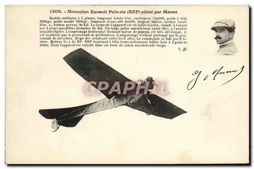 Cartes postales Avion Aviation Monoplan Esnault Pelterie pilote par Mamet