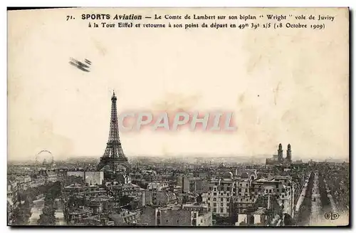 Cartes postales Avion Aviation Le comte de Lambert sur son biplan Wright voie de Juvisy a la Tour Eiffel