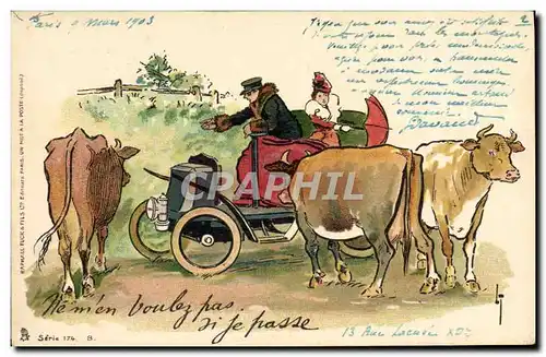 Ansichtskarte AK Fantaisie Automobile Vache Illustrateur