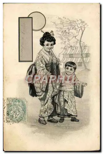 Cartes postales Japon Nippon Femme Enfant Eventail Folklore