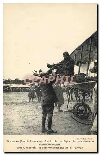 Cartes postales Avion Aviation Vincennes 18 juin 1911 Biplan Farman alimente d&#39Automobiline Simon recevant re