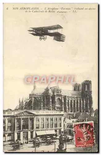 Cartes postales Avion Aviation Aeroplane Farman evoluant au dessus de la cathedrale de Reims