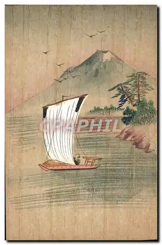 Ansichtskarte AK en bois Japon Nippon Bateau (peint a la main)