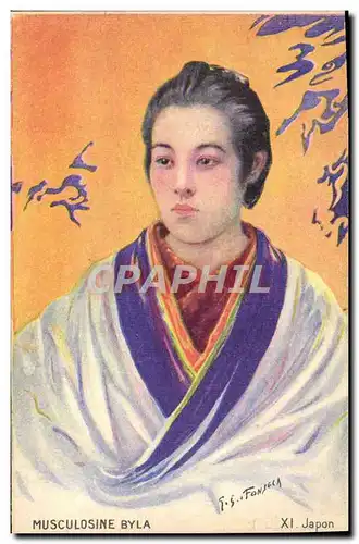 Ansichtskarte AK Japon Nippon Femme Folklore Musculosine Byla Vache Boeuf