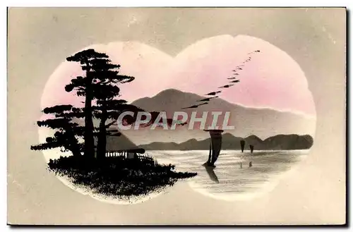 Ansichtskarte AK Japon Nippon Arbre Oiseaux Bateau