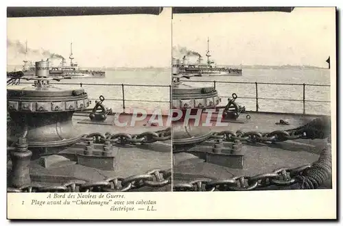 Cartes postales Bateau A bord des navires de guerre Plage avant du Charlemagne avec son cabestan electrique