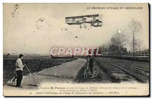 Ansichtskarte AK Avion Aviation Premier voyage en aeroplane Aviateur Farman se rend au camp de Chalons a Reims
