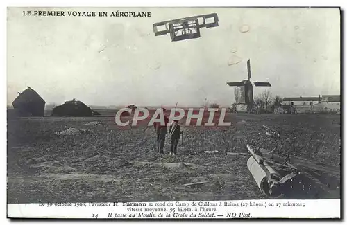 Ansichtskarte AK Avion Aviation Premier voyage en aeroplane Aviateur Farman se rend au camp de Chalons a Reims Mo