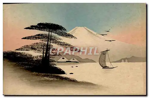 Ansichtskarte AK Japon Nippon Arbre Barque Volcan