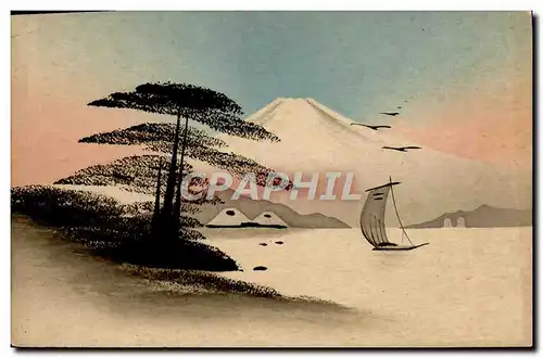 Cartes postales Japon Nippon Arbre Barque Volcan