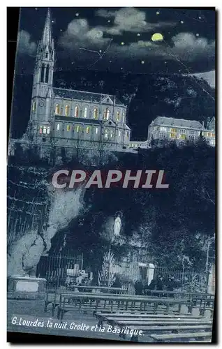 Cartes postales Lourdes la Nuit Grotte et la Basilique