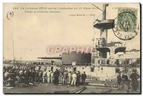 Cartes postales Bateau Le cuirasse Iena apres l&#39explosion du 12 mars 1907 Plage et tourelle arrriere