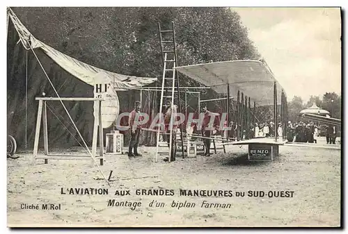 Cartes postales Avion Aviation des Grandes Manoeuvres du Sud Ouest Montage d&#39un biplan Farman