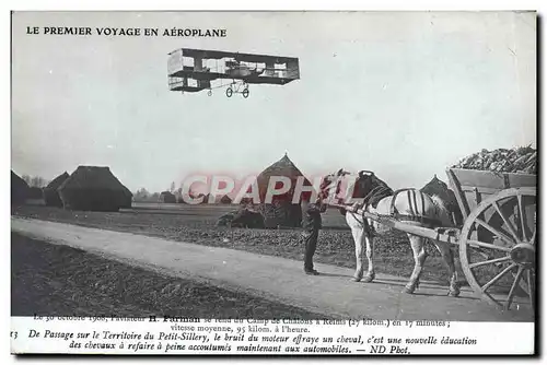 Cartes postales Avion Aviation Farman se rend du camp de Chalons a Reims Territoire du Petit Sillery Cheval Atte