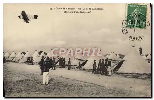 Cartes postales Avion Aviation Camp de Chalons Un coin du campement Passage d&#39un aeroplane