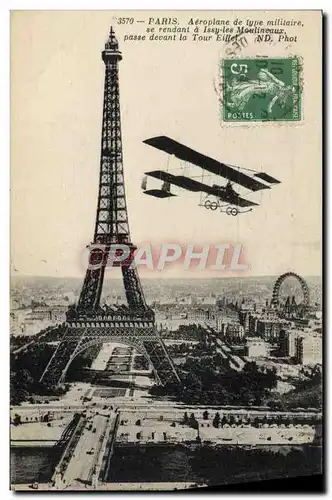 Cartes postales Avion Aviation Paris Aeroplane de type militaire se rendant a Issy les Moulineaux passe devant l