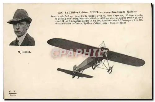 Cartes postales Avion Aviation Le celebre aviateur Bedel sur monoplan Morane Saulnier
