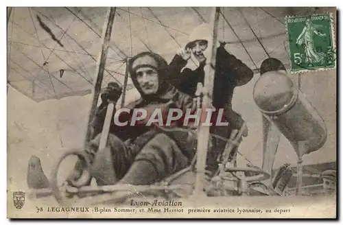 Cartes postales Avion Aviation Lyon Aviation Legagneux Biplan Sommer et Mme Herriot premiere aviatrice lyonnaise