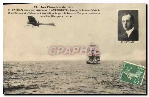 Cartes postales Avion Aviation Latham monte sur aeroplane Antoinette franchit le Pas de Calais Douvres Torpilleu