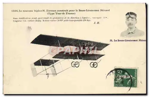 Cartes postales Avion Aviation Le nouveau biplan Farman construit par le sous lieutenant Menard Type Tour de Fra