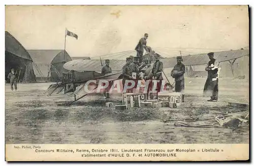 Cartes postales Avion Aviation Concours militaire Reims Octobre 1911 Lieutenant Fransezou Monoplan Libellule Hui