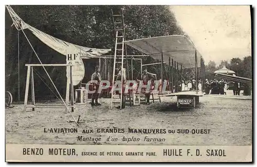 Cartes postales Avion Aviation Grandes manoeuvres du Sud Ouest Montage d&#39un biplan Farman Benzo Moteur Huile