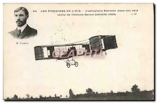 Cartes postales Avion Aviation Aeroplane Farman dans son raid camp de Chalons Reims Octobre 1908