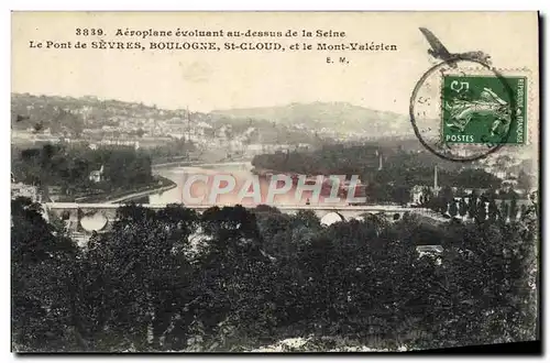 Cartes postales Avion Aviation Aeroplane evoluant au dessus de la Seine Le pont de Sevres Boulogne St Cloud et l
