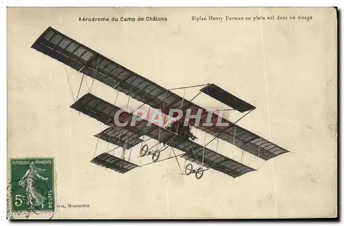 Cartes postales Avion Aviation Aerodrome du Camp de Chalons Biplan Henry Farman en plein vol dans un virage