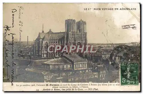 Cartes postales Avion Aviation Farman se rend au camp de Chalons Arrivee a Reims vue prise de la gare