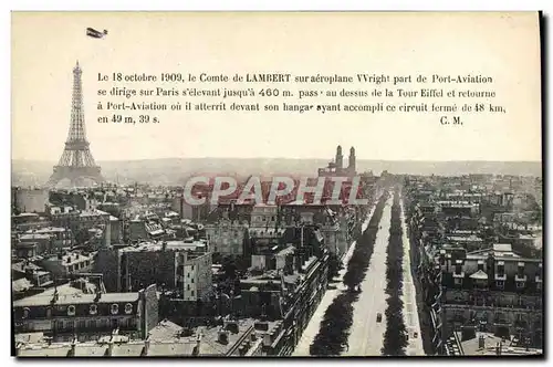 Cartes postales Avion Aviation Comte de Lambert sur aeroplane Wright part de Port Aviation se dirige vers Paris