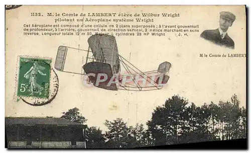 Cartes postales Avion Aviation Le comte de Lambert eleve de Wilbur Wright pilotant un aeroplane systeme Wright
