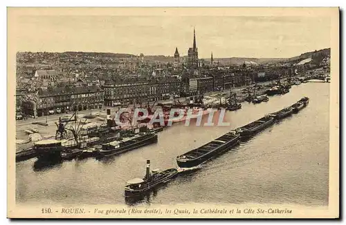 Cartes postales Rouen Vue Generale Les Quais La cathedrale et la Cote Ste Catherine Bateau Peniche