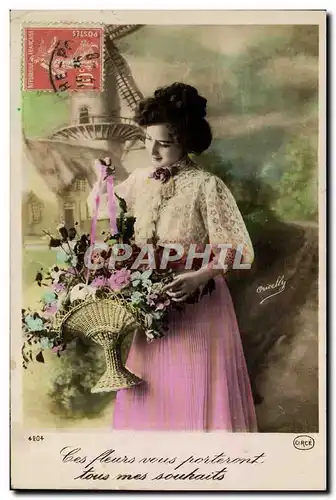 Cartes postales Fantaisie Femme Moulin a vent