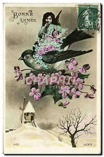 Cartes postales Fantaisie Enfant Oiseau Moulin a vent