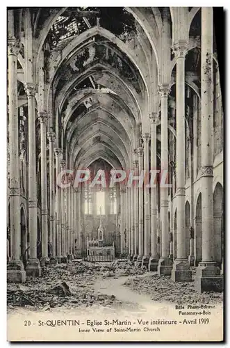 Cartes postales St Quentin Eglise St Martin Vue Interieur Avril 1919 Militaria