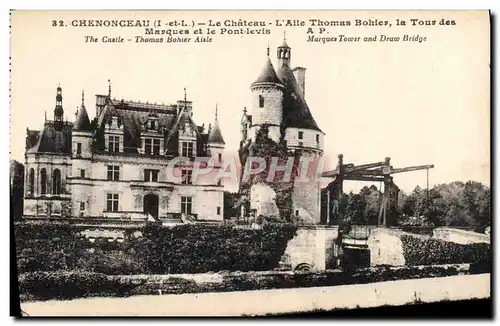 Cartes postales Chenonceau Le Chateau L&#39Aile Thomas La tour des masques et le pont levis