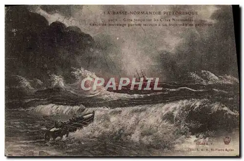 Cartes postales Bateau Basse Normandie Gros temps sur les cotes normandes Canot de sauvetage