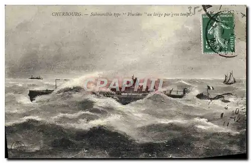 Cartes postales Bateau Cherbourg Submersible Pluviose au large par gros temps Sous marin