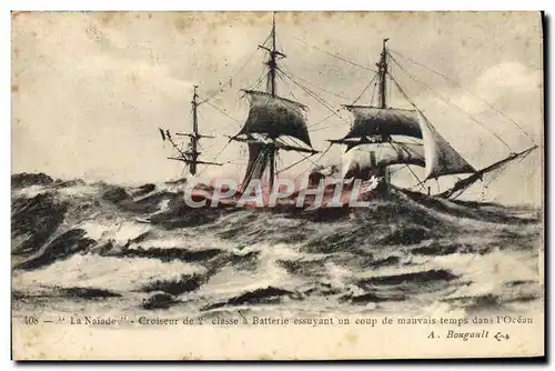 Cartes postales Bateau Voilier la naiade Croiseur de 2eme classe a batterie essuyant un coup de mauvais temps da