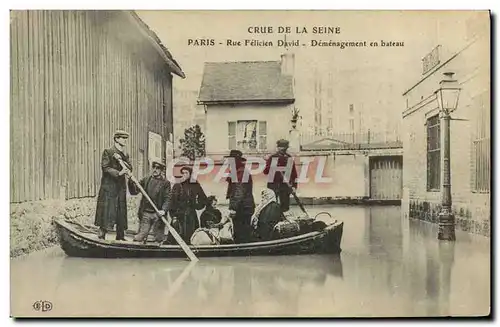 Cartes postales Paris Crue de la Seine Rue Felicien David Demenagement en bateau