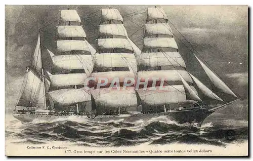 Cartes postales Bateau Voilier Gros temps sur les cotes normandes Quatre mats toutes voiles dehors