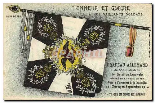 Cartes postales Militaria Drapeau allemand 68eme d&#39infanterie 1er bataillon Landwehr
