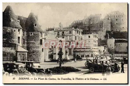 Cartes postales Theatre Dieppe La place du casino Les tourelles le theatre et le chateau