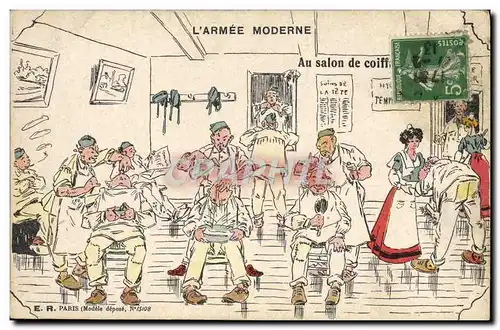 Ansichtskarte AK Militaria Coiffeur Perruquier L&#39armee moderne Au salon de coiffure