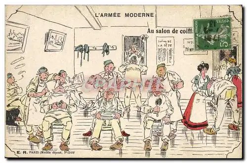 Cartes postales Militaria Coiffeur Perruquier L&#39armee moderne Au salon de coiffure